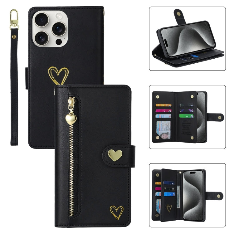 For iPhone 15 Pro Max POLA Love Multi-Card Slots Zipper Wallet Leather Phone Case(Black) - iPhone 15 Pro Max Cases by POLA | Online Shopping UK | buy2fix