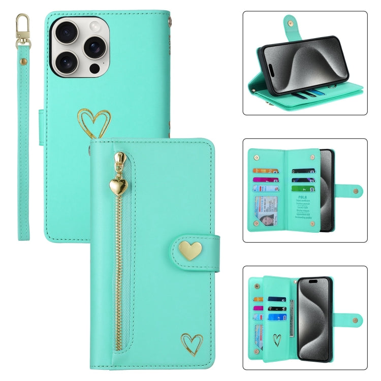 For iPhone 15 Pro Max POLA Love Multi-Card Slots Zipper Wallet Leather Phone Case(Light Green) - iPhone 15 Pro Max Cases by POLA | Online Shopping UK | buy2fix