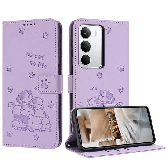For Realme C71 4G Embossed Kitten Phone Leather Case with Lanyard(Purple)