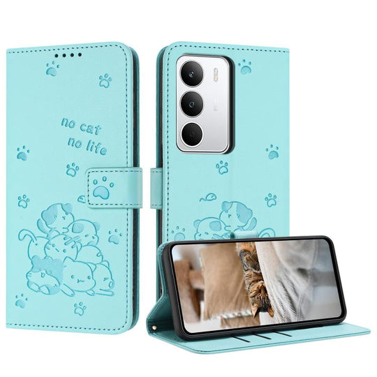 For Realme C71 4G Embossed Kitten Phone Leather Case with Lanyard(Mint Green)