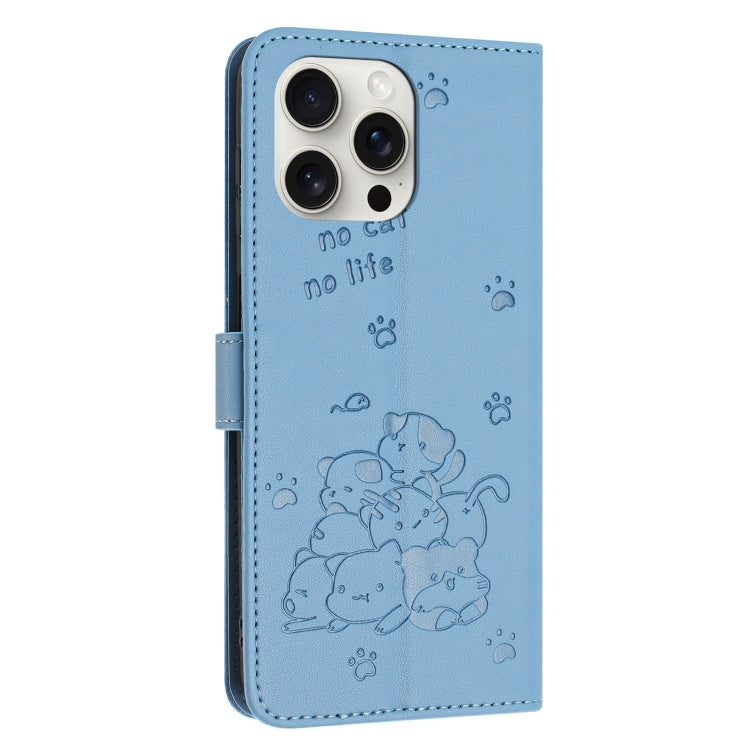 For iPhone 16 Pro Embossed Kitten Phone Leather Case with Lanyard(Blue) - iPhone 16 Pro Cases by buy2fix | Online Shopping UK | buy2fix