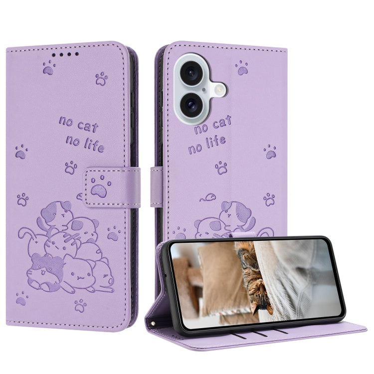 For iPhone 16 Plus Embossed Kitten Phone Leather Case with Lanyard(Purple) by buy2fix