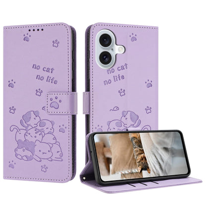 For iPhone 16 Plus Embossed Kitten Phone Leather Case with Lanyard(Purple) by buy2fix