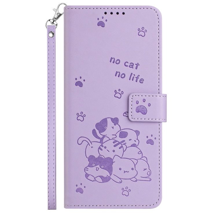 For iPhone 16 Plus Embossed Kitten Phone Leather Case with Lanyard(Purple) by buy2fix