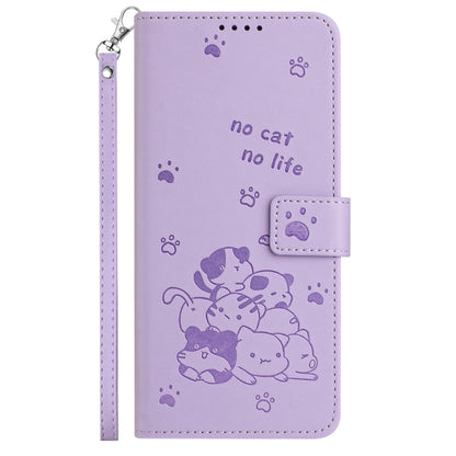 For iPhone 16 Plus Embossed Kitten Phone Leather Case with Lanyard(Purple) by buy2fix