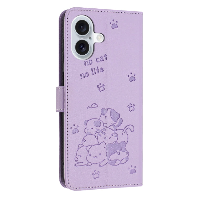 For iPhone 16 Plus Embossed Kitten Phone Leather Case with Lanyard(Purple) by buy2fix