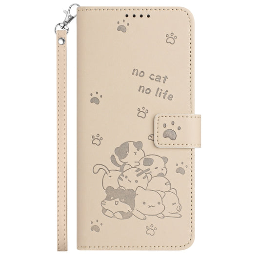 For iPhone 16 Plus Embossed Kitten Phone Leather Case with Lanyard(Beige) by buy2fix