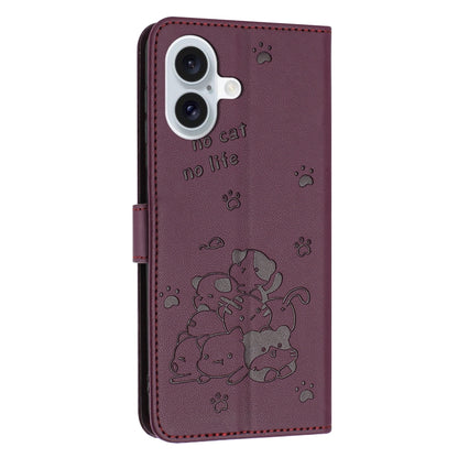 For iPhone 16 Plus Embossed Kitten Phone Leather Case with Lanyard(Wine Red) - iPhone 16 Plus Cases by buy2fix | Online Shopping UK | buy2fix