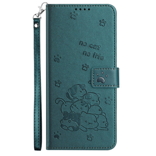 For iPhone 16 Embossed Kitten Phone Leather Case with Lanyard(Dark Green) by buy2fix