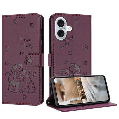 For iPhone 16 Embossed Kitten Phone Leather Case with Lanyard(Wine Red) - iPhone 16 Cases by buy2fix | Online Shopping UK | buy2fix