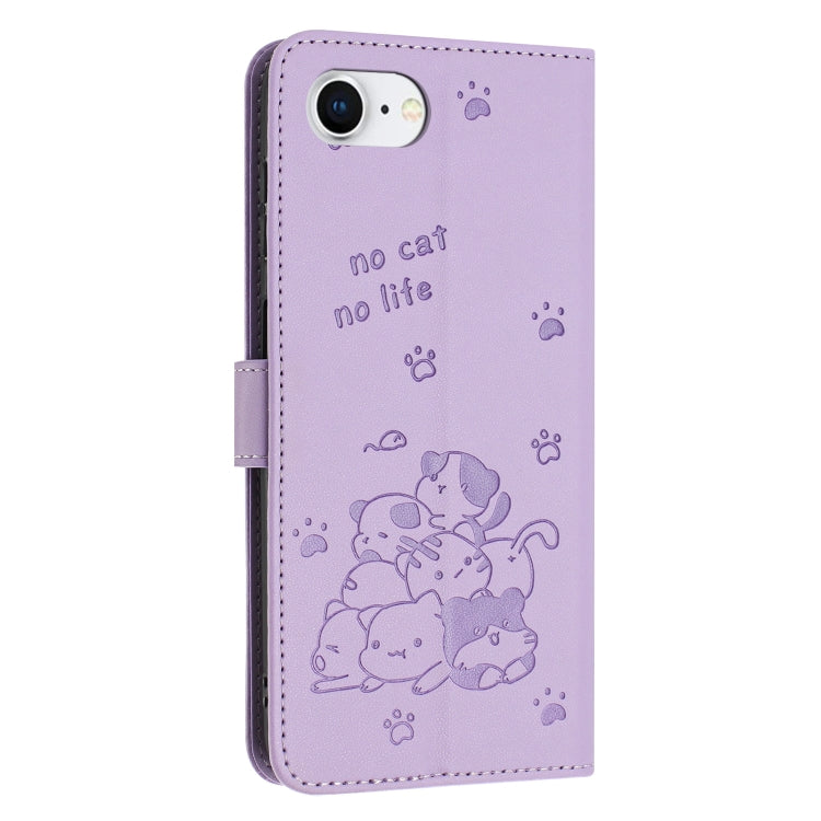 For iPhone 16e Embossed Kitten Phone Leather Case with Lanyard(Purple) - iPhone 16e Cases by buy2fix | Online Shopping UK | buy2fix