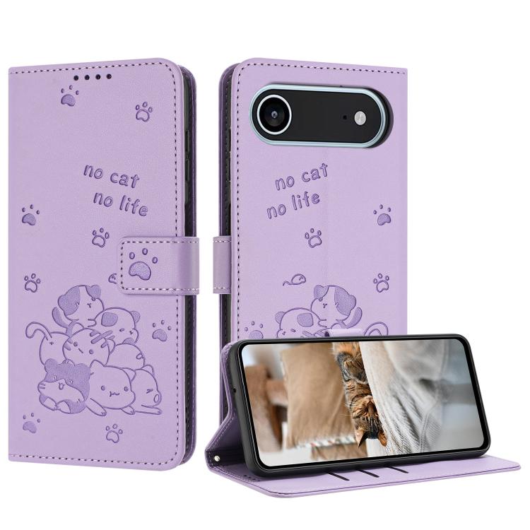 For iPhone Air Embossed Kitten Phone Leather Case with Lanyard(Purple) - iPhone Air Cases by buy2fix | Online Shopping UK | buy2fix
