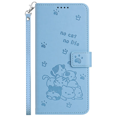 For Motorola Edge 2024 5G Embossed Kitten Phone Leather Case with Lanyard(Blue) - Motorola Cases by buy2fix | Online Shopping UK | buy2fix