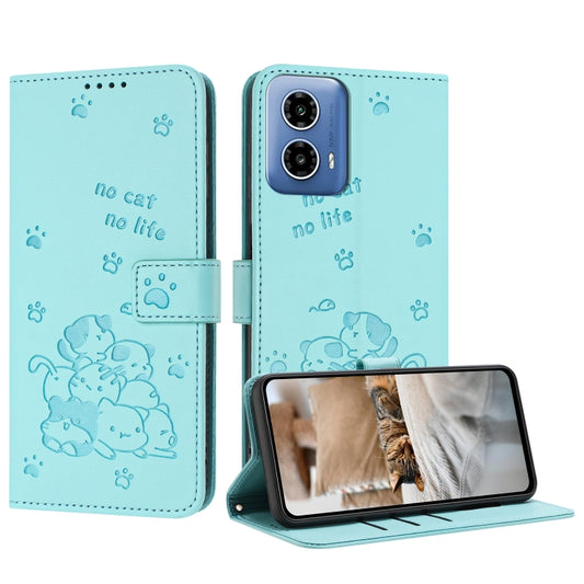 For Motorola Edge 2024 5G Embossed Kitten Phone Leather Case with Lanyard(Mint Green) by buy2fix