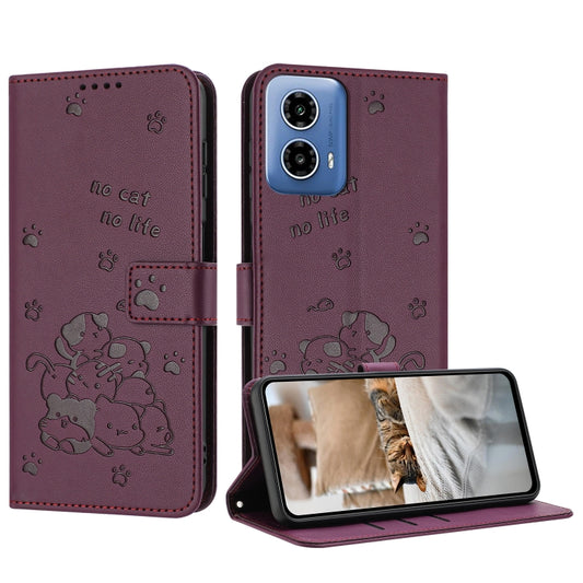 For Motorola Edge 2024 5G Embossed Kitten Phone Leather Case with Lanyard(Wine Red) by buy2fix