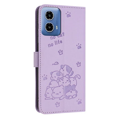 For Motorola Moto G 5G 2024 Embossed Kitten Phone Leather Case with Lanyard(Purple) - Motorola Cases by buy2fix | Online Shopping UK | buy2fix