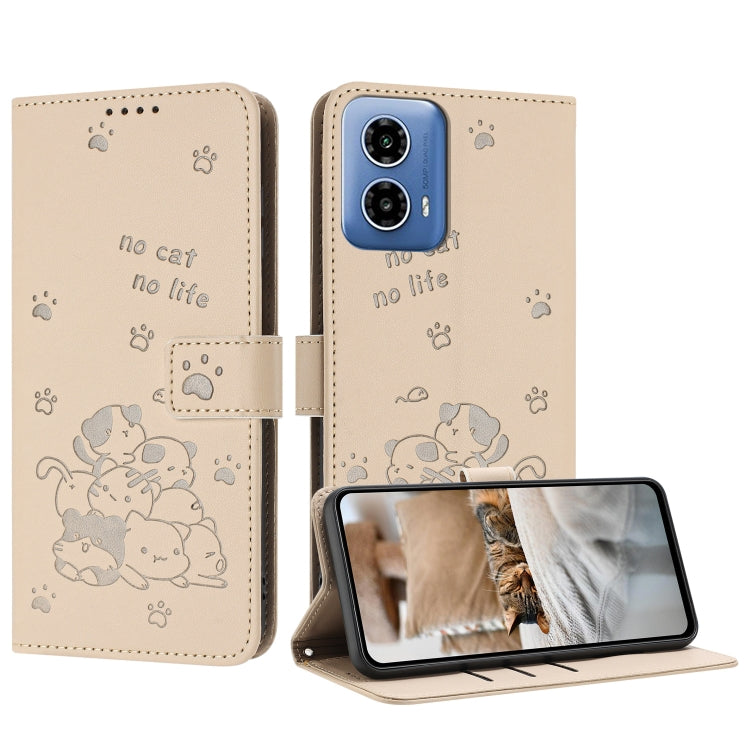 For Motorola Moto G 5G 2024 Embossed Kitten Phone Leather Case with Lanyard(Beige) - Motorola Cases by buy2fix | Online Shopping UK | buy2fix