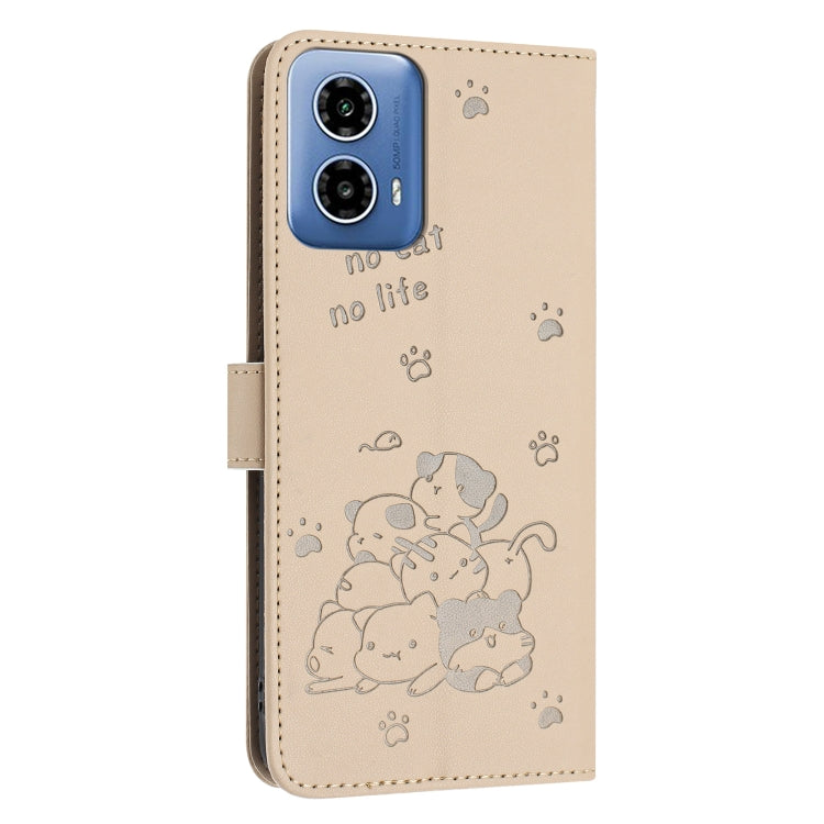 For Motorola Moto G 5G 2024 Embossed Kitten Phone Leather Case with Lanyard(Beige) - Motorola Cases by buy2fix | Online Shopping UK | buy2fix