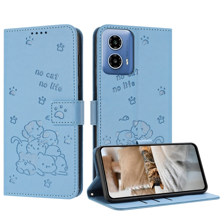For Motorola Moto G 5G 2024 Embossed Kitten Phone Leather Case with Lanyard(Blue) by buy2fix
