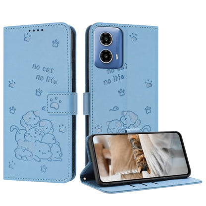 For Motorola Moto G 5G 2024 Embossed Kitten Phone Leather Case with Lanyard(Blue) by buy2fix