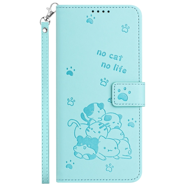 For Motorola Moto G 5G 2024 Embossed Kitten Phone Leather Case with Lanyard(Mint Green) by buy2fix