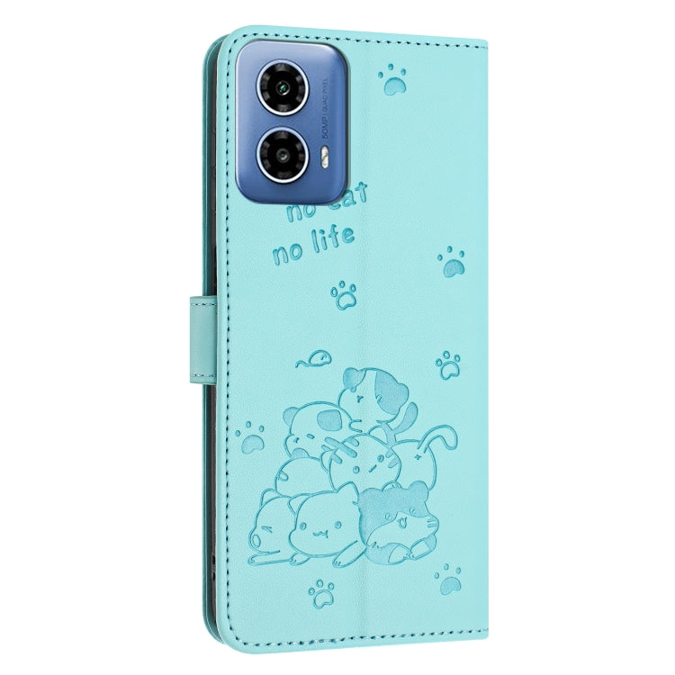 For Motorola Moto G 5G 2024 Embossed Kitten Phone Leather Case with Lanyard(Mint Green) by buy2fix