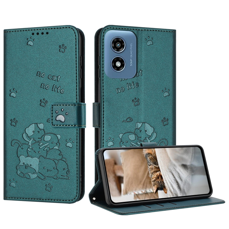 For Motorola Moto G Play 4G 2024 Embossed Kitten Phone Leather Case with Lanyard(Dark Green) by buy2fix