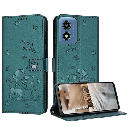 For Motorola Moto G Play 4G 2024 Embossed Kitten Phone Leather Case with Lanyard(Dark Green) by buy2fix