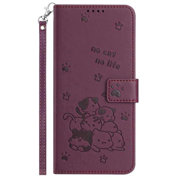 For Motorola Moto G Play 4G 2024 Embossed Kitten Phone Leather Case with Lanyard(Wine Red) by buy2fix