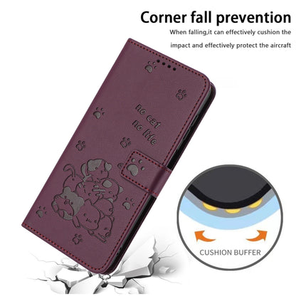 For Motorola Moto G Play 4G 2024 Embossed Kitten Phone Leather Case with Lanyard(Wine Red) by buy2fix