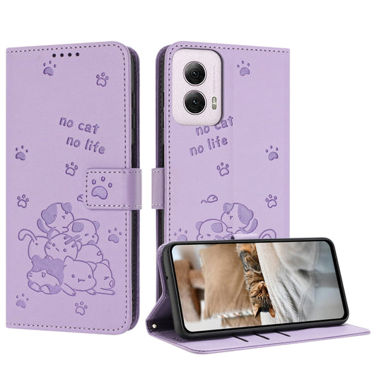 For Motorola Moto G Power 5G 2024 Embossed Kitten Phone Leather Case with Lanyard(Purple) by buy2fix