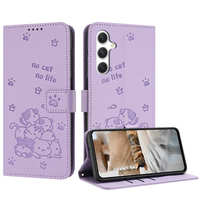 For Samsung Galaxy S25+ / S24+ 5G Embossed Kitten Phone Leather Case with Lanyard(Purple) by buy2fix