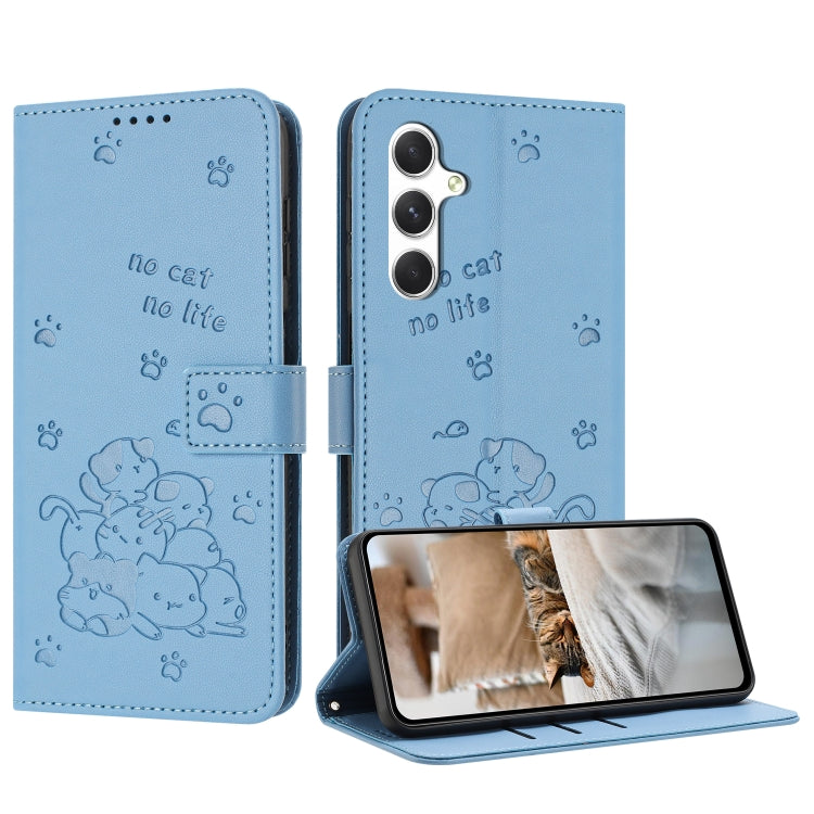 For Samsung Galaxy S25+ / S24+ 5G Embossed Kitten Phone Leather Case with Lanyard(Blue) by buy2fix