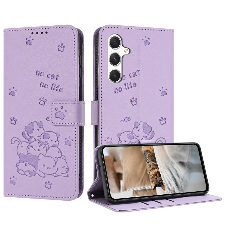 For Samsung Galaxy S25 / S24 5G Embossed Kitten Phone Leather Case with Lanyard(Purple) - Galaxy S24 5G Cases by buy2fix | Online Shopping UK | buy2fix