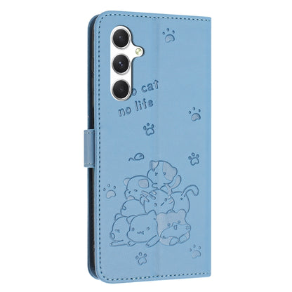 For Samsung Galaxy S25 / S24 5G Embossed Kitten Phone Leather Case with Lanyard(Blue) - Galaxy S24 5G Cases by buy2fix | Online Shopping UK | buy2fix