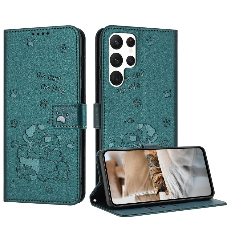 For Samsung Galaxy S25 Ultra 5G Embossed Kitten Phone Leather Case with Lanyard(Dark Green) by buy2fix