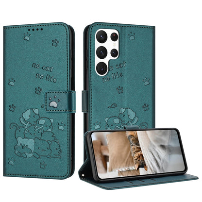 For Samsung Galaxy S25 Ultra 5G Embossed Kitten Phone Leather Case with Lanyard(Dark Green) by buy2fix
