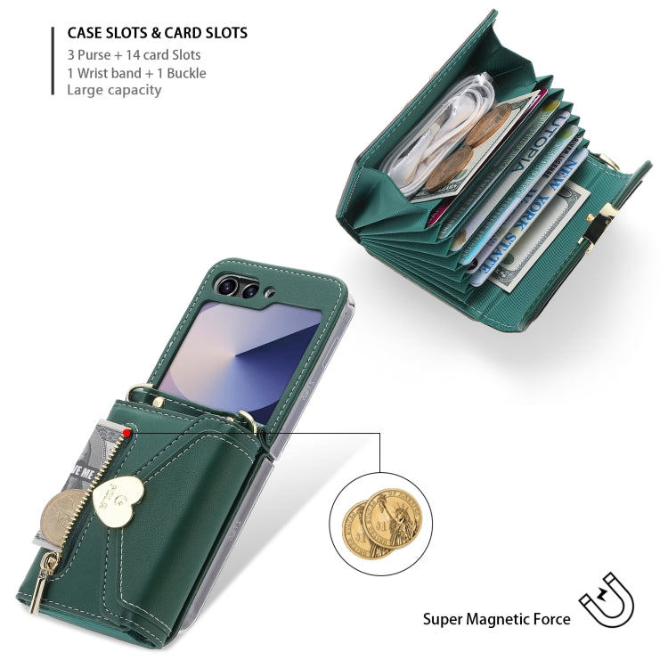 For Samsung Galaxy Z Flip6 / Flip7 FE POLA Love Buckle Multi-Card Slots Zipper Wallet Phone Case(Green) - Galaxy Z Flip6 5G Cases by POLA | Online Shopping UK | buy2fix