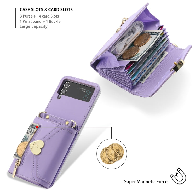 For Samsung Galaxy Z Flip3 5G POLA Love Buckle Multi-Card Slots Zipper Wallet Phone Case(Purple) - Galaxy Phone Cases by POLA | Online Shopping UK | buy2fix