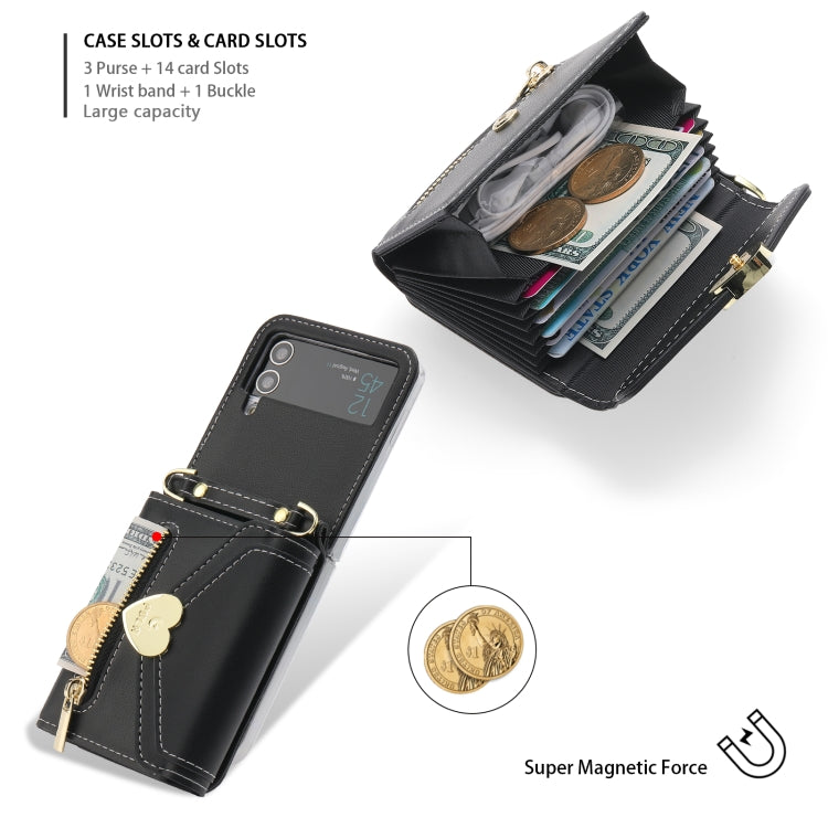 For Samsung Galaxy Z Flip3 5G POLA Love Buckle Multi-Card Slots Zipper Wallet Phone Case(Black) - Galaxy Phone Cases by POLA | Online Shopping UK | buy2fix