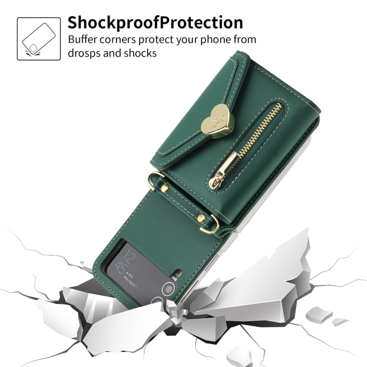 For Samsung Galaxy Z Flip3 5G POLA Love Buckle Multi-Card Slots Zipper Wallet Phone Case(Green) - Galaxy Phone Cases by POLA | Online Shopping UK | buy2fix