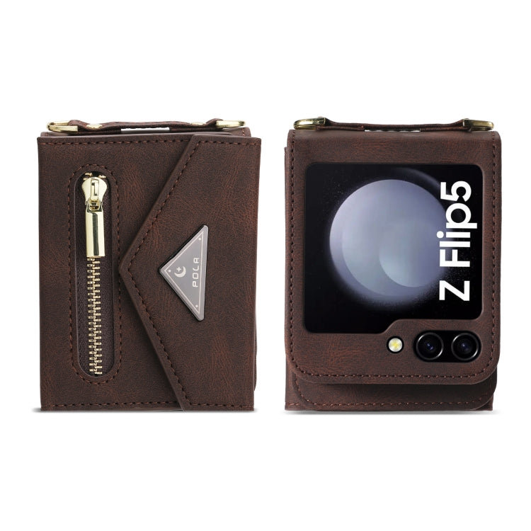 For Samsung Galaxy Z Flip5 POLA Skin Feel Multi-Card Slots Zipper Wallet Phone Case(Brown) - Galaxy Z Flip5 Cases by POLA | Online Shopping UK | buy2fix
