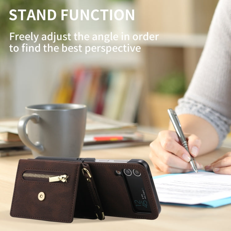 For Samsung Galaxy Z Flip3 POLA Skin Feel Multi-Card Slots Zipper Wallet Phone Case(Brown) - Galaxy Phone Cases by POLA | Online Shopping UK | buy2fix