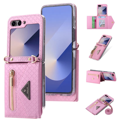 For Samsung Galaxy Z Flip6 / Flip7 FE POLA Grid Texture Multi-Card Slots Zipper Wallet Phone Case(Pink) - Galaxy Z Flip6 5G Cases by POLA | Online Shopping UK | buy2fix