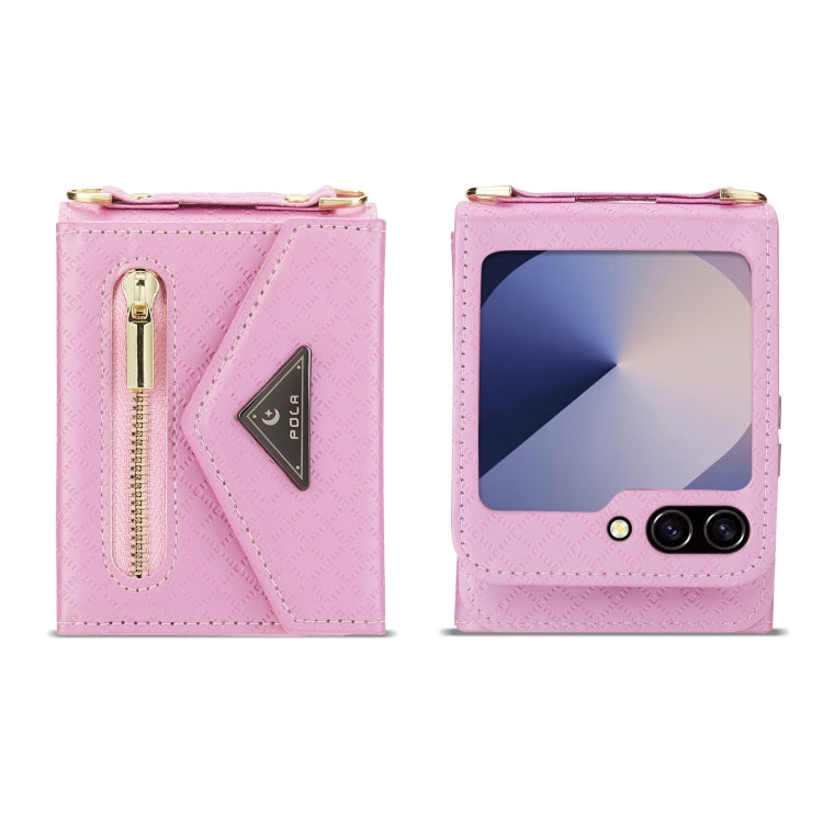 For Samsung Galaxy Z Flip6 / Flip7 FE POLA Grid Texture Multi-Card Slots Zipper Wallet Phone Case(Pink) - Galaxy Z Flip6 5G Cases by POLA | Online Shopping UK | buy2fix
