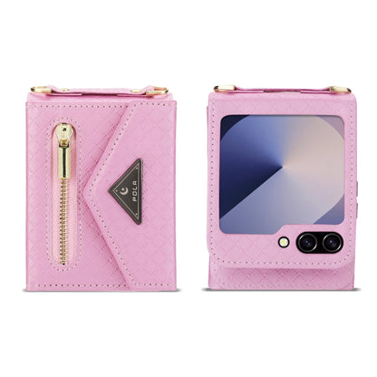 For Samsung Galaxy Z Flip6 / Flip7 FE POLA Grid Texture Multi-Card Slots Zipper Wallet Phone Case(Pink) - Galaxy Z Flip6 5G Cases by POLA | Online Shopping UK | buy2fix