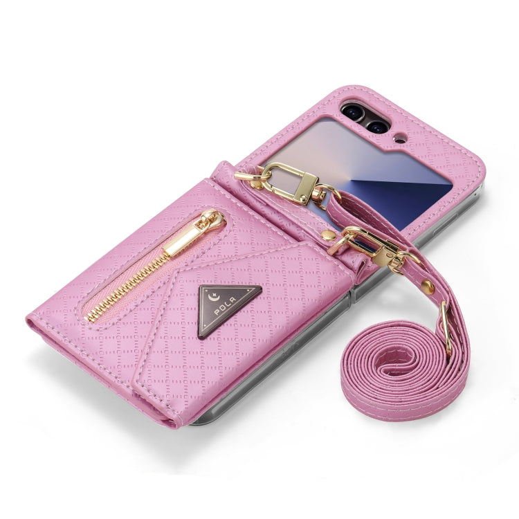 For Samsung Galaxy Z Flip6 / Flip7 FE POLA Grid Texture Multi-Card Slots Zipper Wallet Phone Case(Pink) - Galaxy Z Flip6 5G Cases by POLA | Online Shopping UK | buy2fix