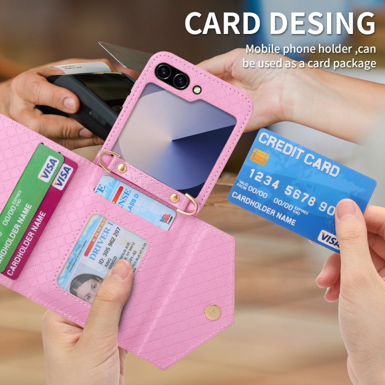 For Samsung Galaxy Z Flip6 / Flip7 FE POLA Grid Texture Multi-Card Slots Zipper Wallet Phone Case(Pink) - Galaxy Z Flip6 5G Cases by POLA | Online Shopping UK | buy2fix