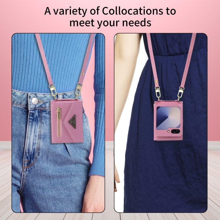 For Samsung Galaxy Z Flip6 / Flip7 FE POLA Grid Texture Multi-Card Slots Zipper Wallet Phone Case(Pink) - Galaxy Z Flip6 5G Cases by POLA | Online Shopping UK | buy2fix