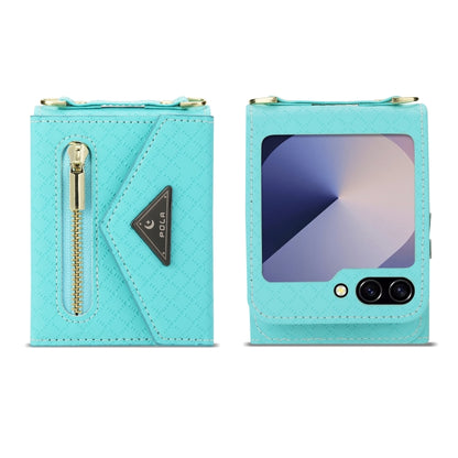 For Samsung Galaxy Z Flip6 / Flip7 FE POLA Grid Texture Multi-Card Slots Zipper Wallet Phone Case(Blue) - Galaxy Z Flip6 5G Cases by POLA | Online Shopping UK | buy2fix